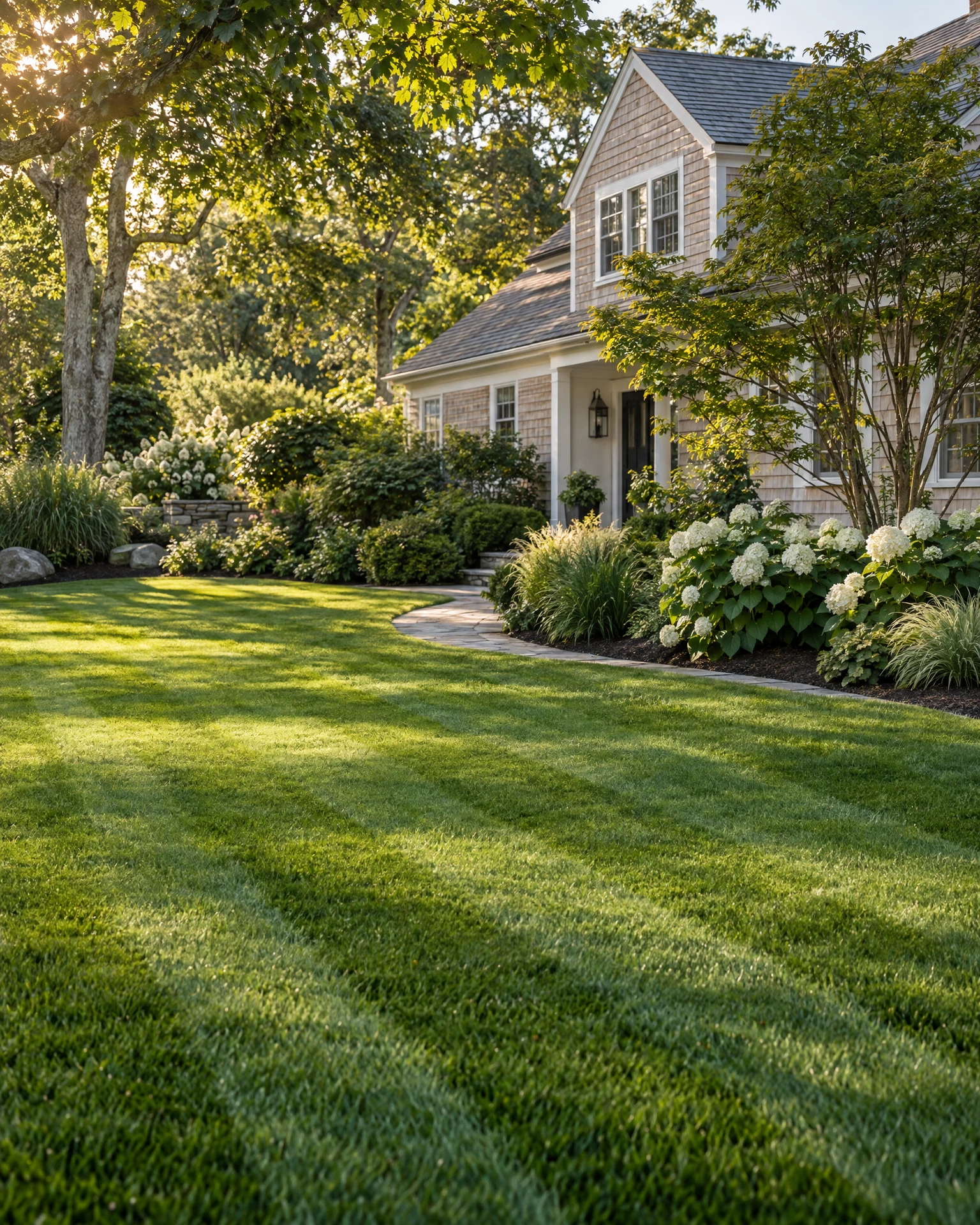 Illustration of a carefully maintained green lawn and New England garden