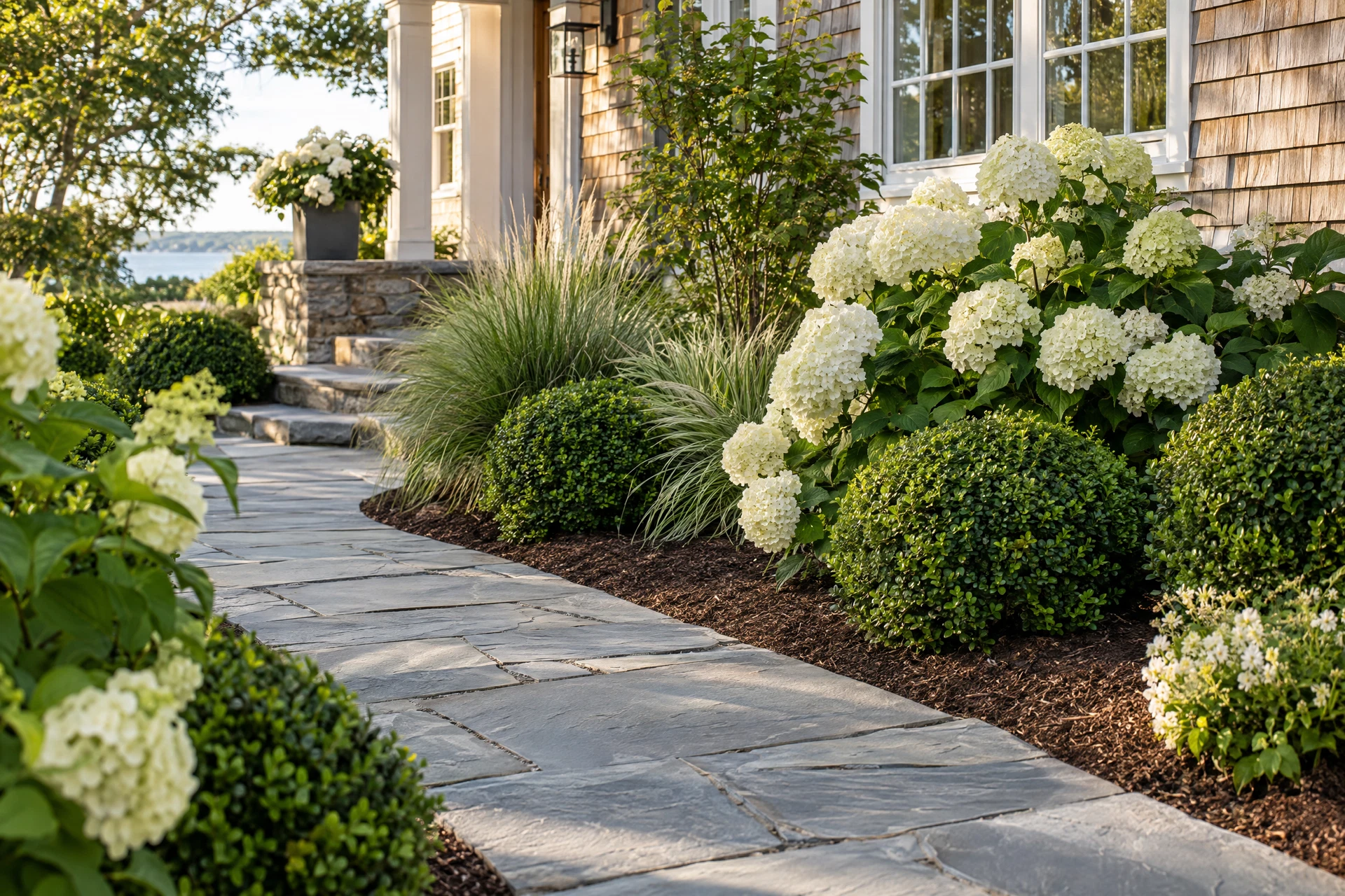 Illustration of hydrangea beds and a landscaped stone walkway