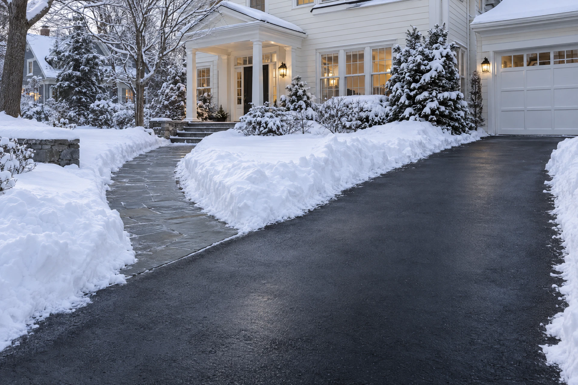 Illustration of a cleared New England driveway bordered by snow